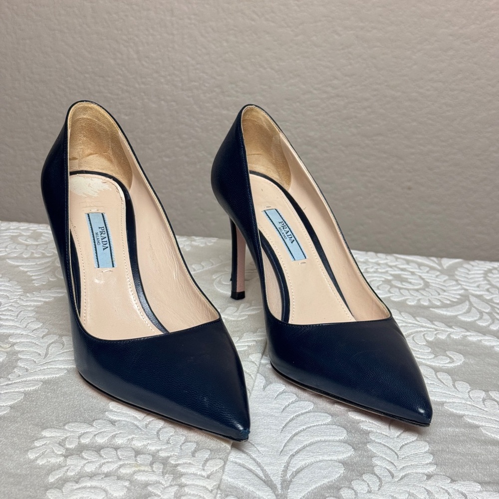 Prada Navy Pointed Leather Stiletto Pumps